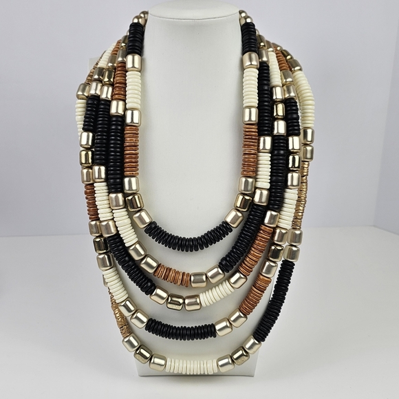 Statement Multistrand Beaded Necklace Black Brown Cream Gold Tone Magnetic Clasp - Picture 10 of 13